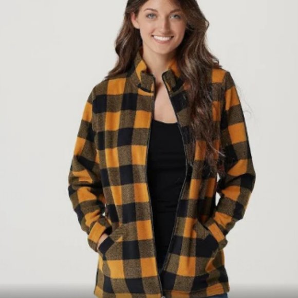 Denim&Co Jackets & Blazers - Denim & Company Camel & Black Buffalo Check Fleece Long Sleeve Zip Up Jacket